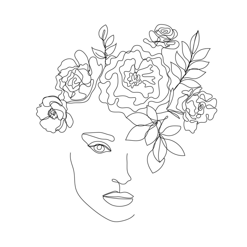 Vector woman face line art illustration, logo with flowers and leaves, feminine nature concept. Use for prints, tattoos, posters, textile, logotypes, cards etc. Monoline, continuous line.