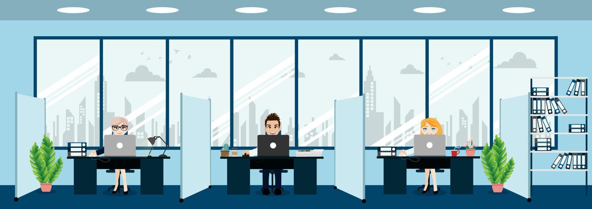 gente de negocios, interior de oficina moderna con jefe y empleados. espacio de trabajo de oficina creativa y vector de estilo de personaje de dibujos animados