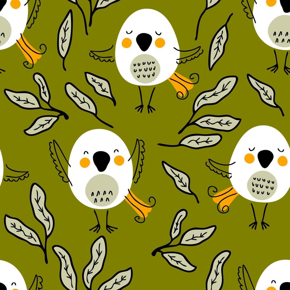 Hand drawn seamless pattern with birds and leaves. vector