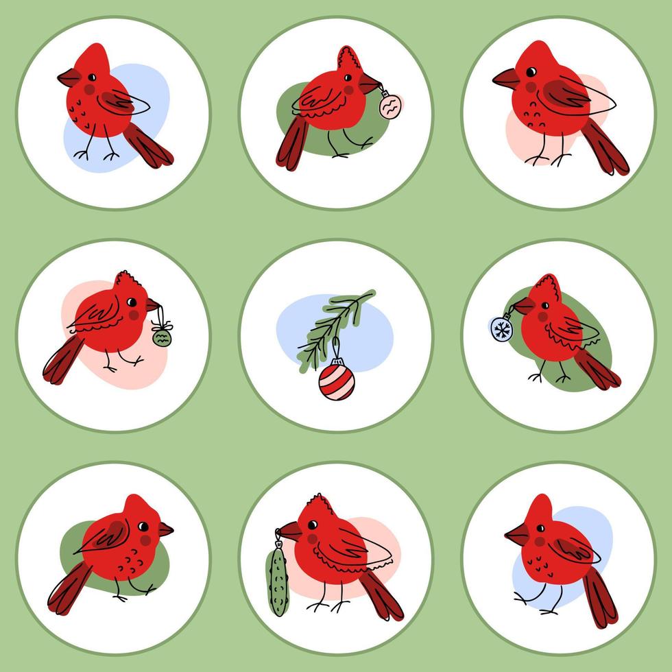 Northern cardinal birds and christmas toys icons set. vector