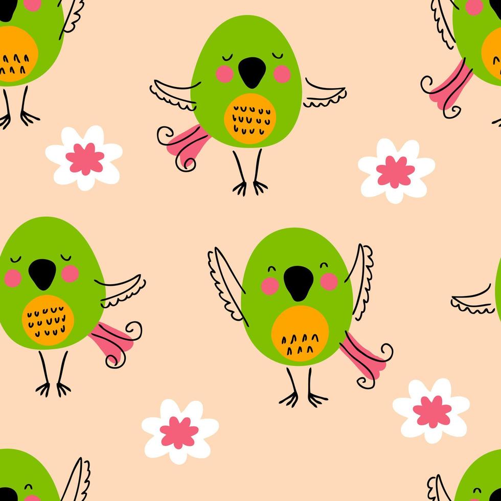 Hand drawn seamless pattern with birds and flowers. vector