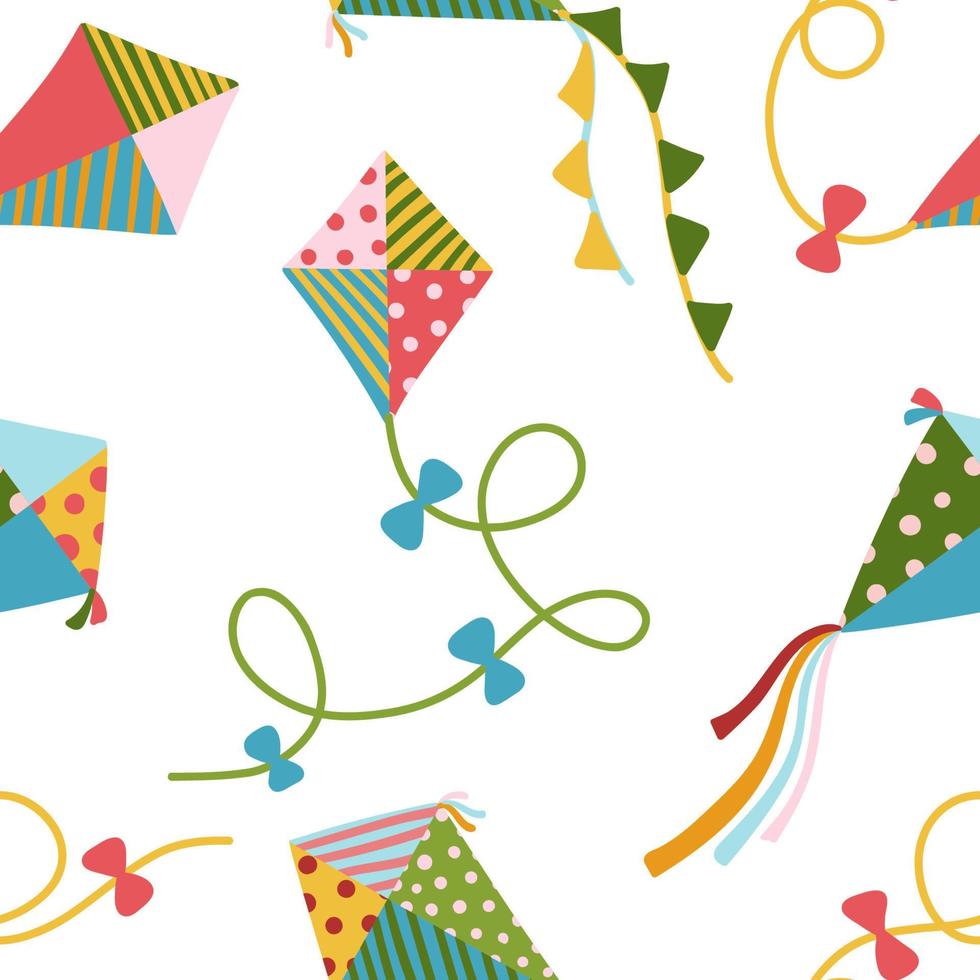 Flying kites seamless vector pattern. Summer children's endless background for baby clothes, bedding, wallpaper, scrapbooking. Flat, cartoon texture.