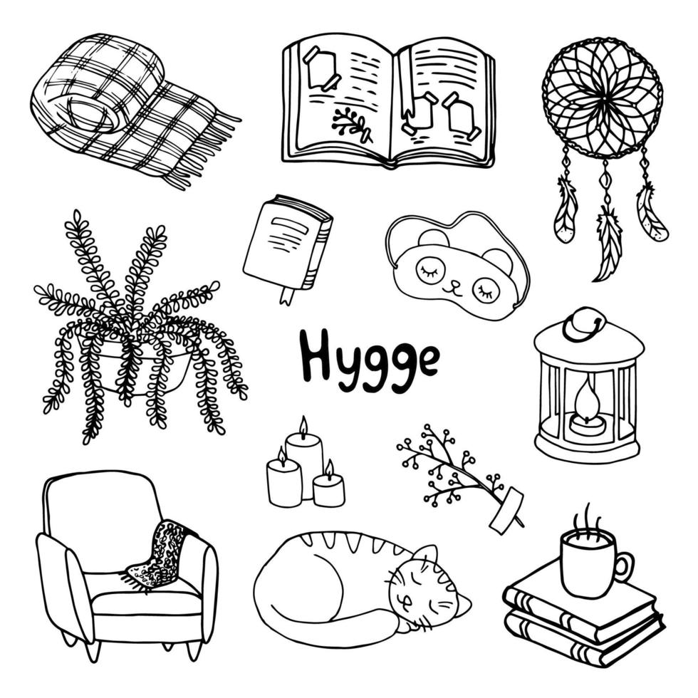 gran conjunto de iconos de hygge. Ilustración de vector dibujado a mano cálido y acogedor en estilo escandinavo doodle. elementos de verano para tarjetas de felicitación, carteles, pegatinas y diseño de temporada aislado en blanco.