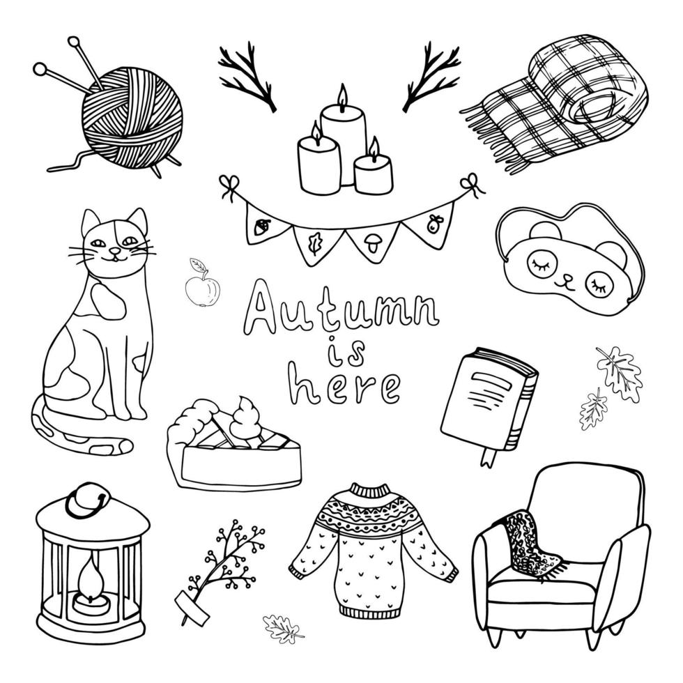 Autumn design element set. Cat, scarf, candles, sweater, pie, lantern, sleep mask fall icon. Hygge, cozy time. Hand drawn vector illustration in doodle style outline drawing isolated on white