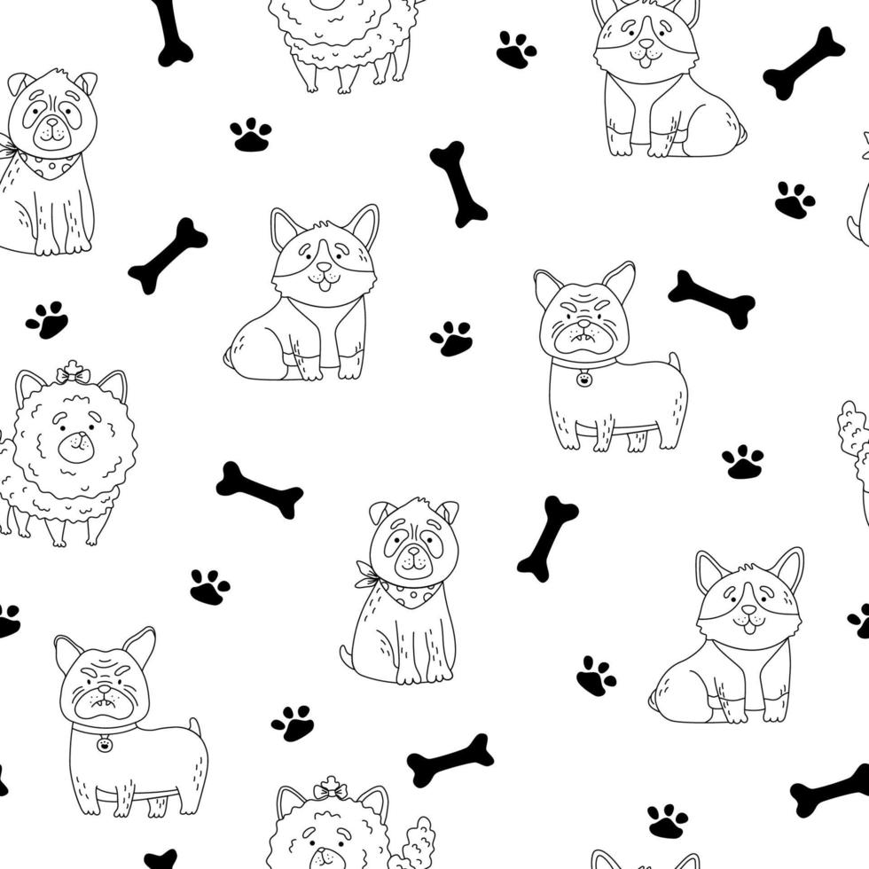 Fluffy shaggy little dogs breed pomeranian, pug, bulldog, corgi vector seamless pattern. Cartoon animal puppy texture.