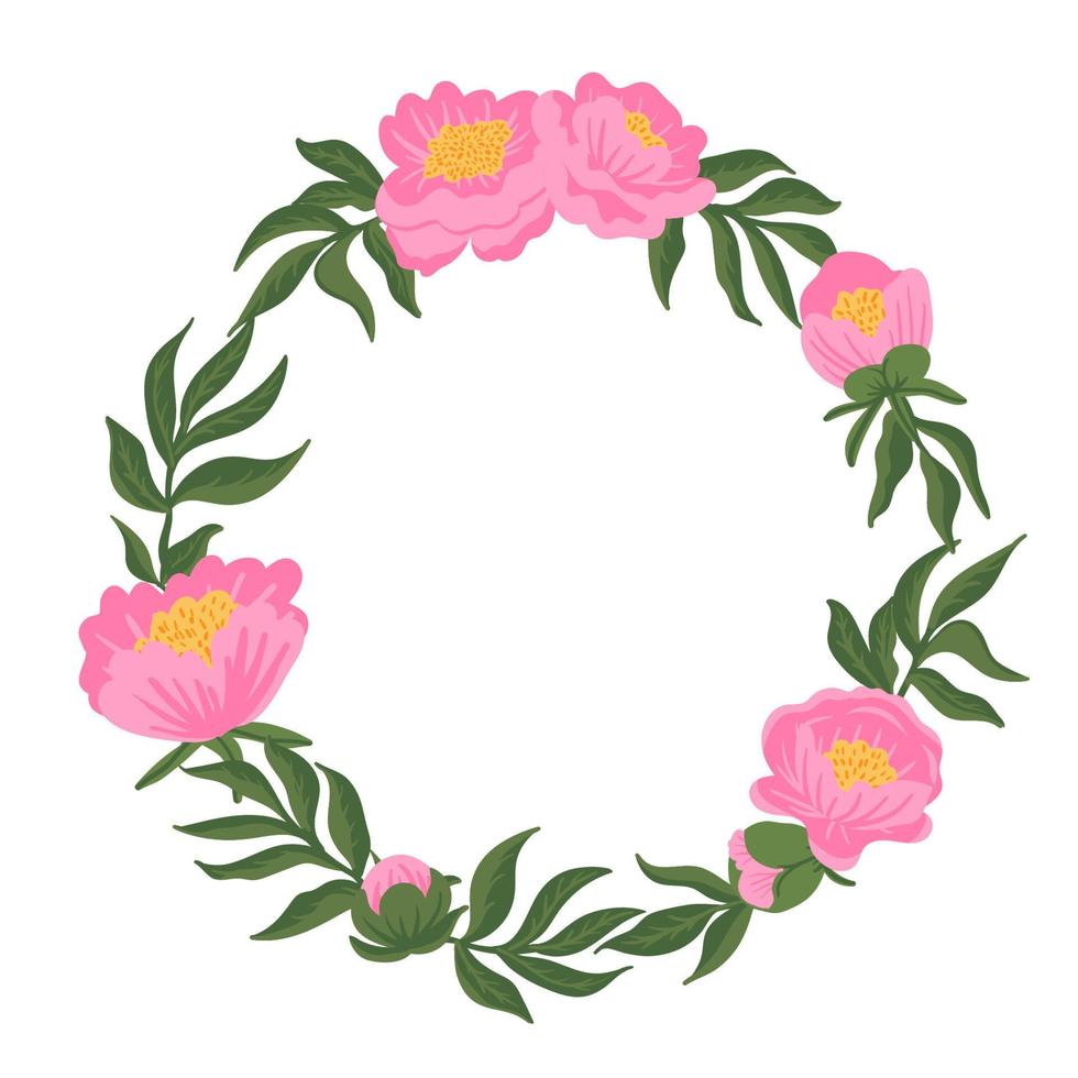 Romantic wreath pink peonies with green leaves. Card template. Isolated flower composition. Vector illustration for wedding invitation, patterns, wallpapers, fabric, wrapping.