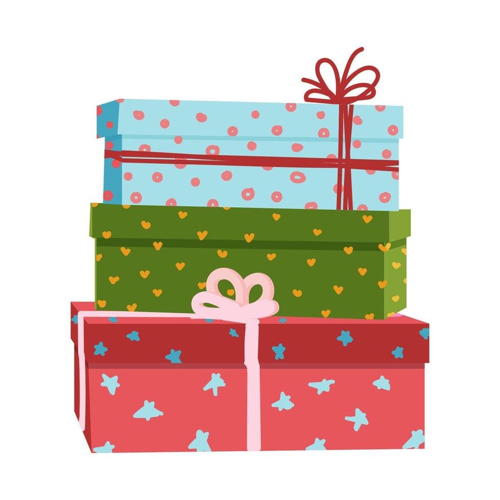 Gift boxes, presents. Beautiful Christmas colorful wrapped bags with an overwhelming bow. Shopping. Gifts for the holidays. Vector illustration.