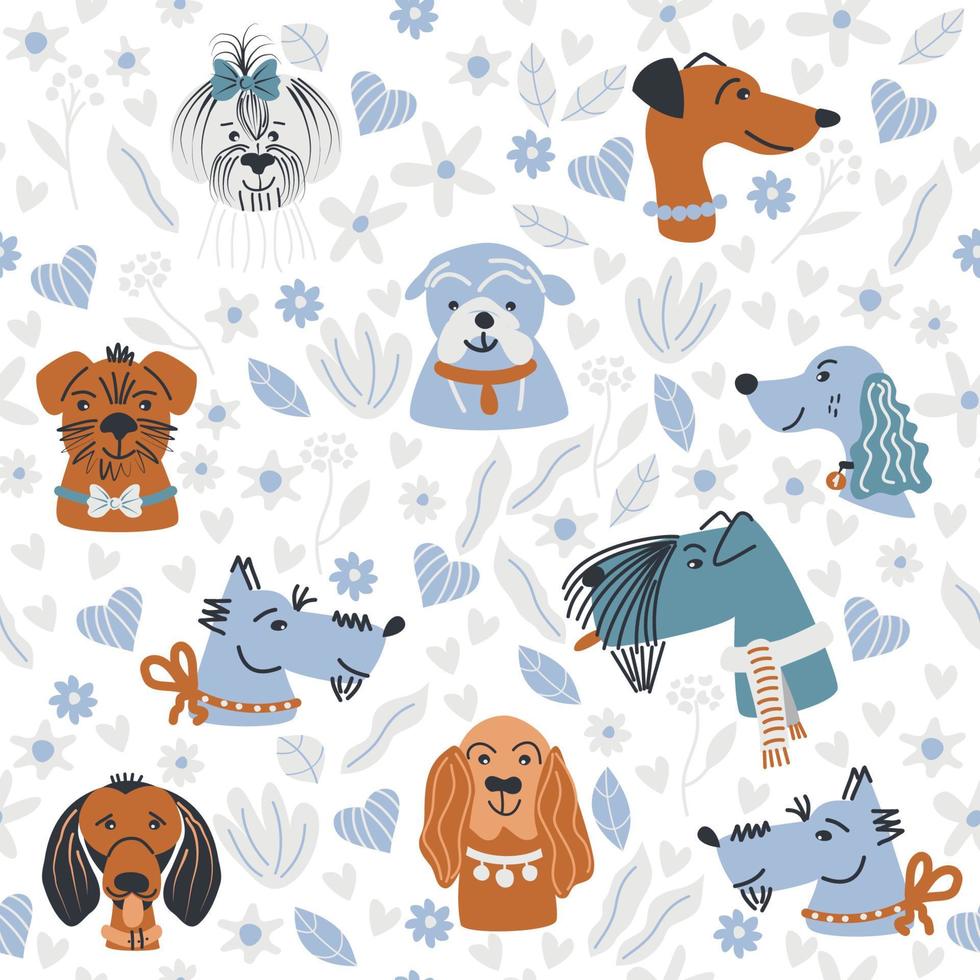 Seamless pattern with cute dogs and plants elements. For children and pets. Vector illustration.