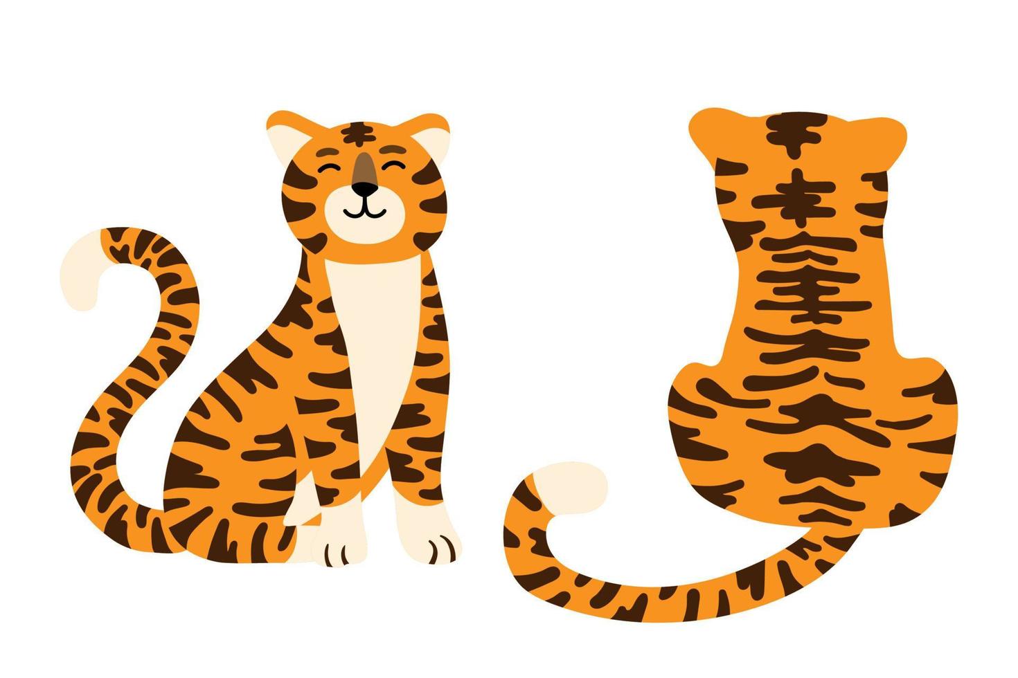 Set of cute cartoon tigers in different poses isolated vector illustration. Symbol of chinese holiday, 2022 new year character. Wildlife and fauna theme, cat jungle, wild mammal mascot