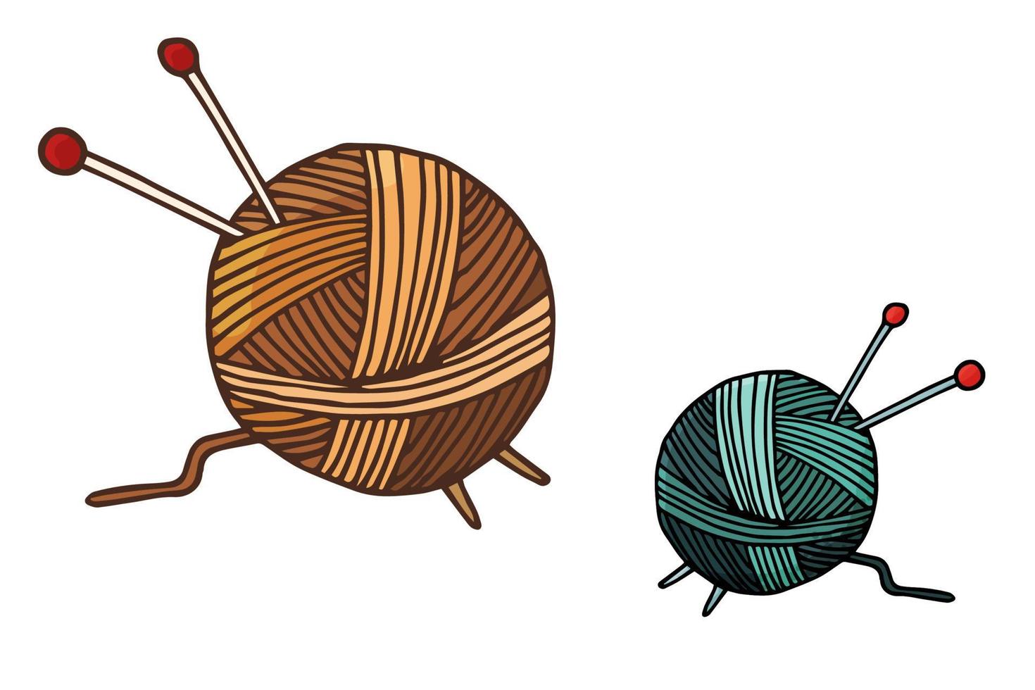 Set of two balls of woolen thread with knitting needles icon. Hand drawn vector illustration in doodle style isolated on white background