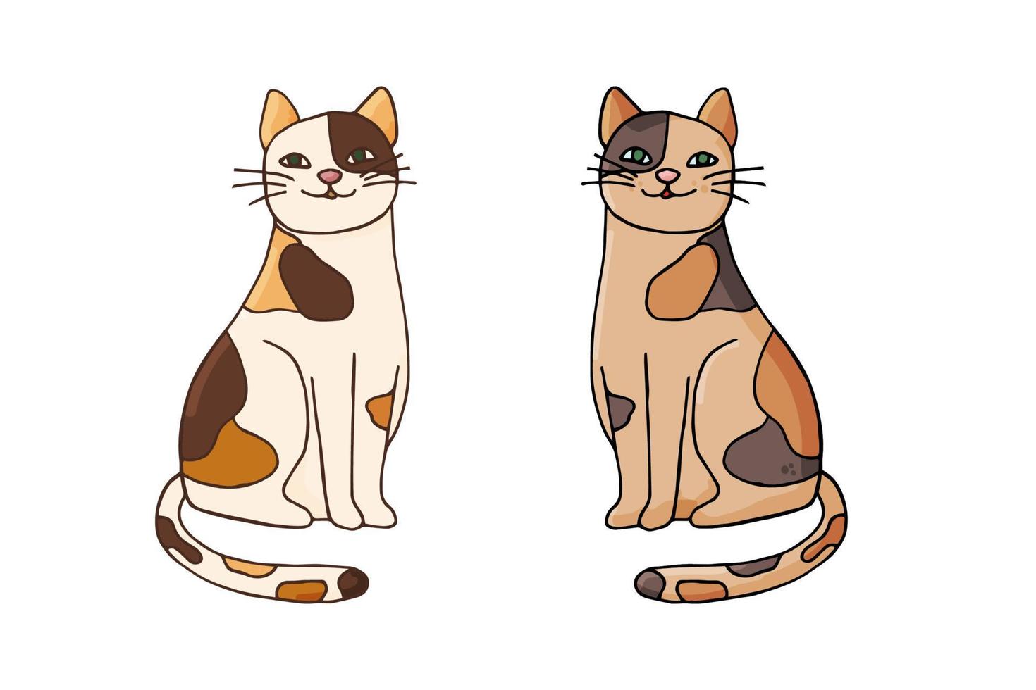 conjunto de icono de lindos gatos manchados. Ilustración de vector dibujado a mano en estilo doodle aislado sobre fondo blanco.