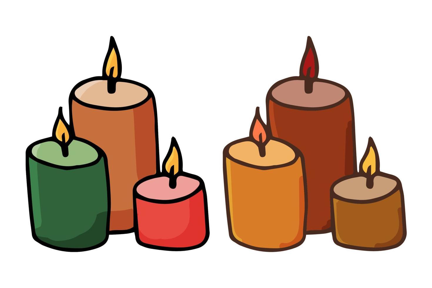 conjunto de icono de velas de Navidad multicolor brillante. acogedor hogar, higge, vacaciones. Ilustración de vector dibujado a mano en estilo doodle aislado sobre fondo blanco.