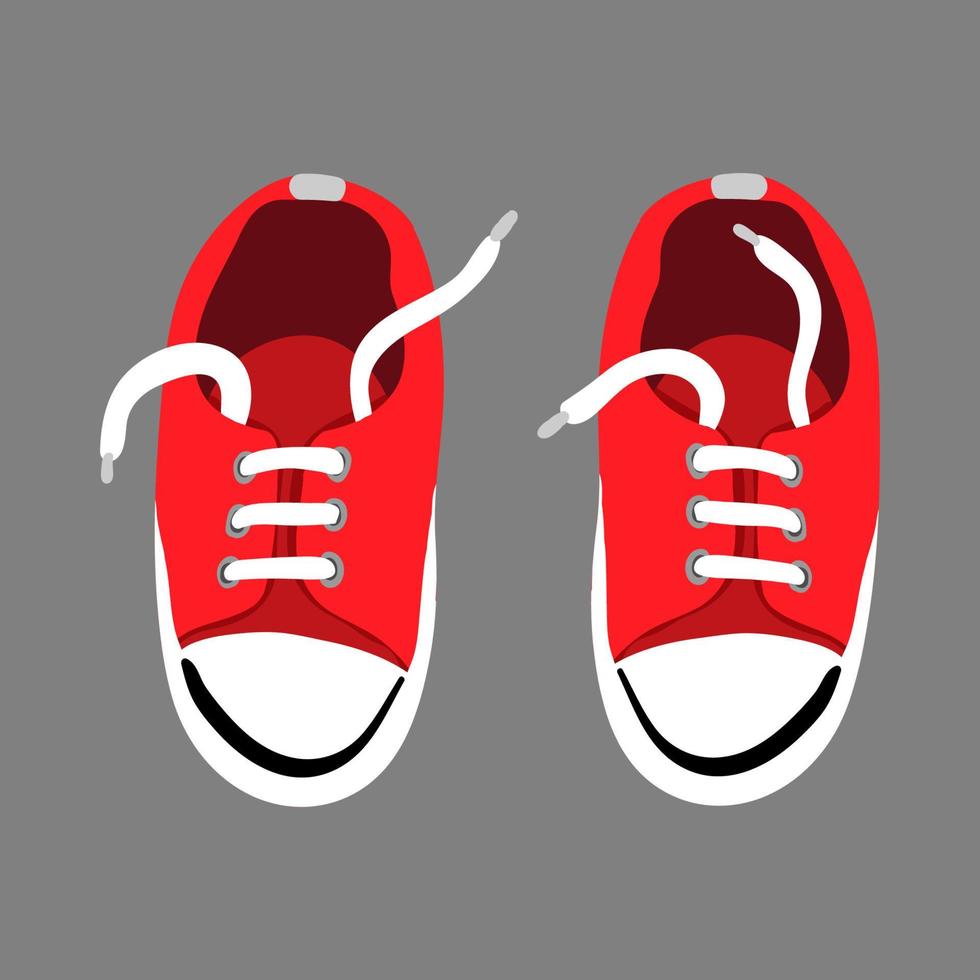 A pair of red textile sneakers with a rubber toe and loose laces. Hand drawn vector illustration in flat cartoon stile. Shoes of modern skaters for training. Isolated object.