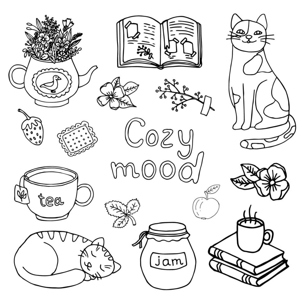 Cozy mood design element set. Cat, scarf, candles, sweater, pie, lantern, sleep mask icon. Hand drawn vector illustration in doodle style outline drawing isolated on white