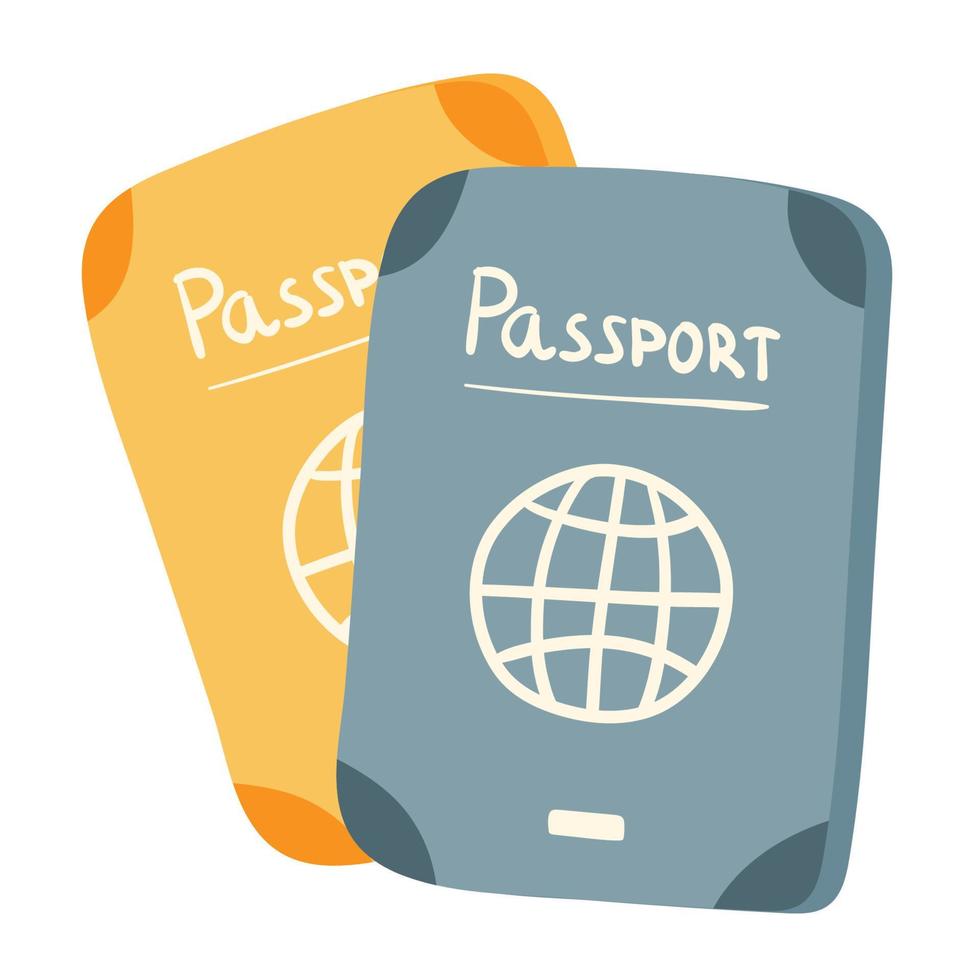 Passports template with card, document with simple globe icon. Tourist item, traveling concept. Colored isolated flat cartoon vector illustration.