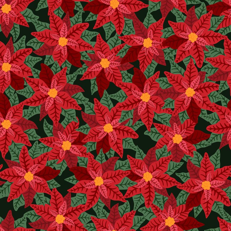 Red Poinsettia star flower and leaf Christmas or New Year decoration vector seamless pattern for greeting card design, textiles, banners, wallpapers, wrapping.