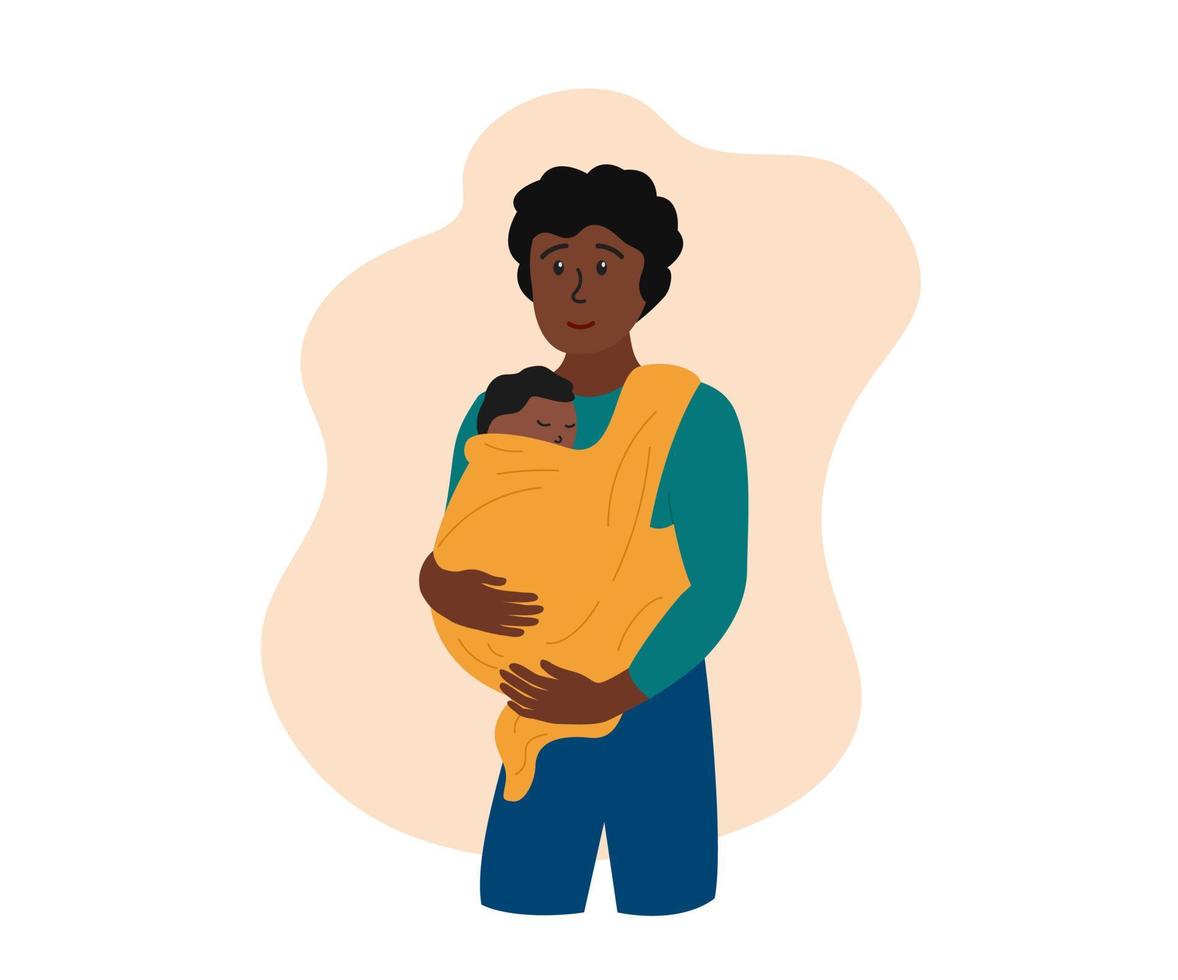 Father and little baby in sling. African american person man holding newborn in carrier. Happy dad and child wrapped in babycarrier and sleeping. Vector flat illustration