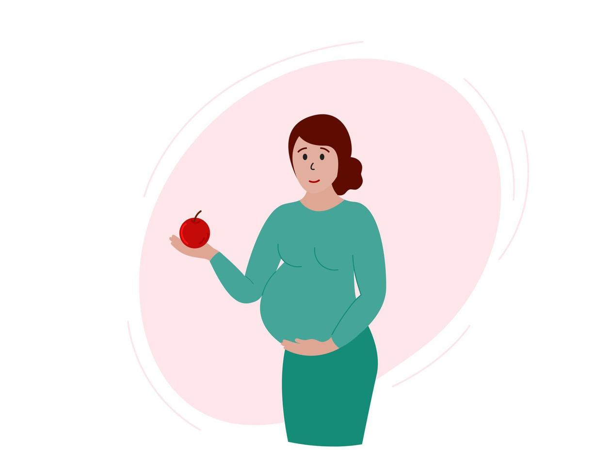 Pregnant woman holding apple in hand. Pregnancy healthy nutrition concept. Woman stands, smiles and touches belly. Vector flat illustration
