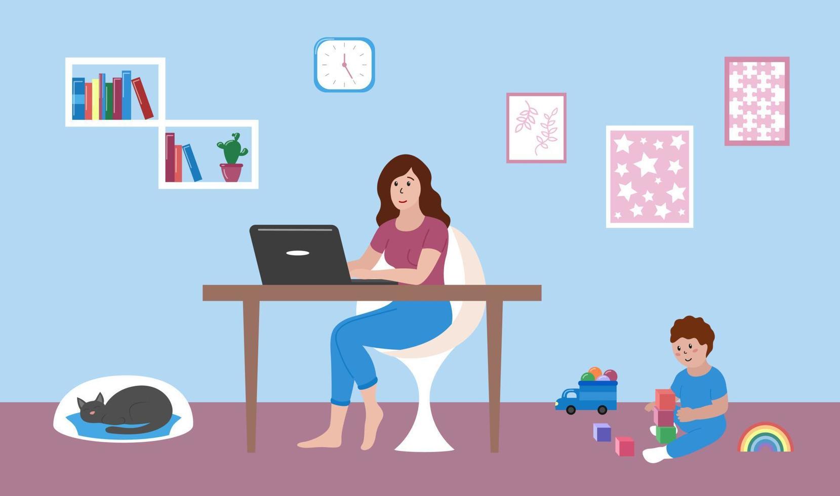 la madre trabaja en casa de forma remota con una computadora portátil. bebé niño jugando con juguetes en el piso. mujer joven trabajando y sentado a la mesa. gato durmiendo. interior de la casa. vector ilustración plana