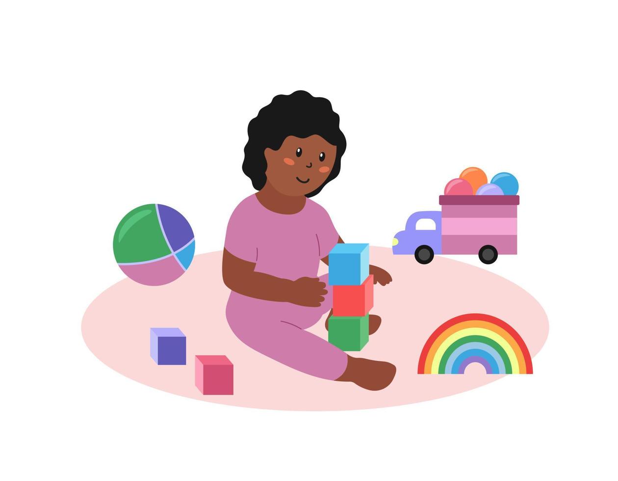 Baby girl sitting and playing toys isolated. Happy african american toddler child with cubes, car, ball and other colorful toys. Vector flat illustration