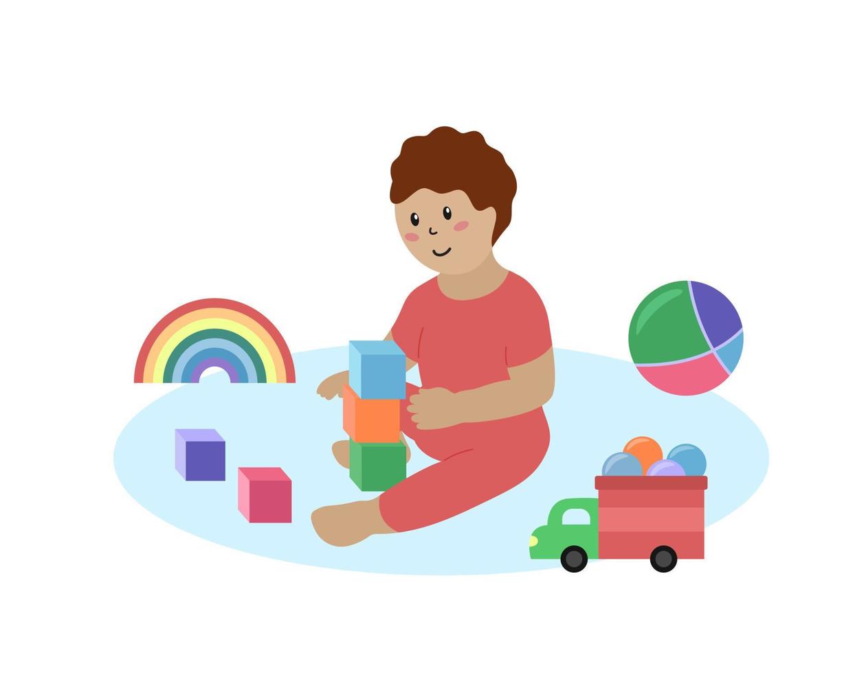 Baby playing toys isolated. Happy toddler child with cubes, car, ball and other colorful toys. Vector flat illustration