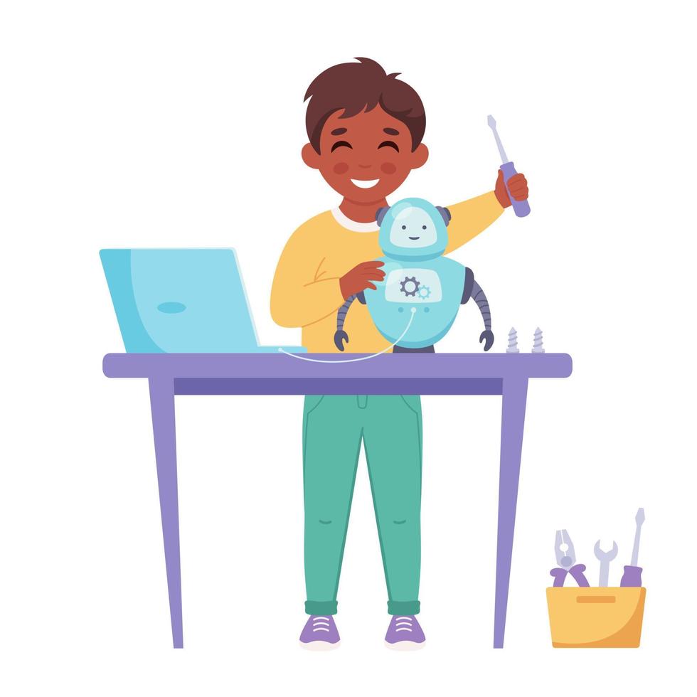 Little boy creating a robot. Robotics, programming and engineering for kids vector
