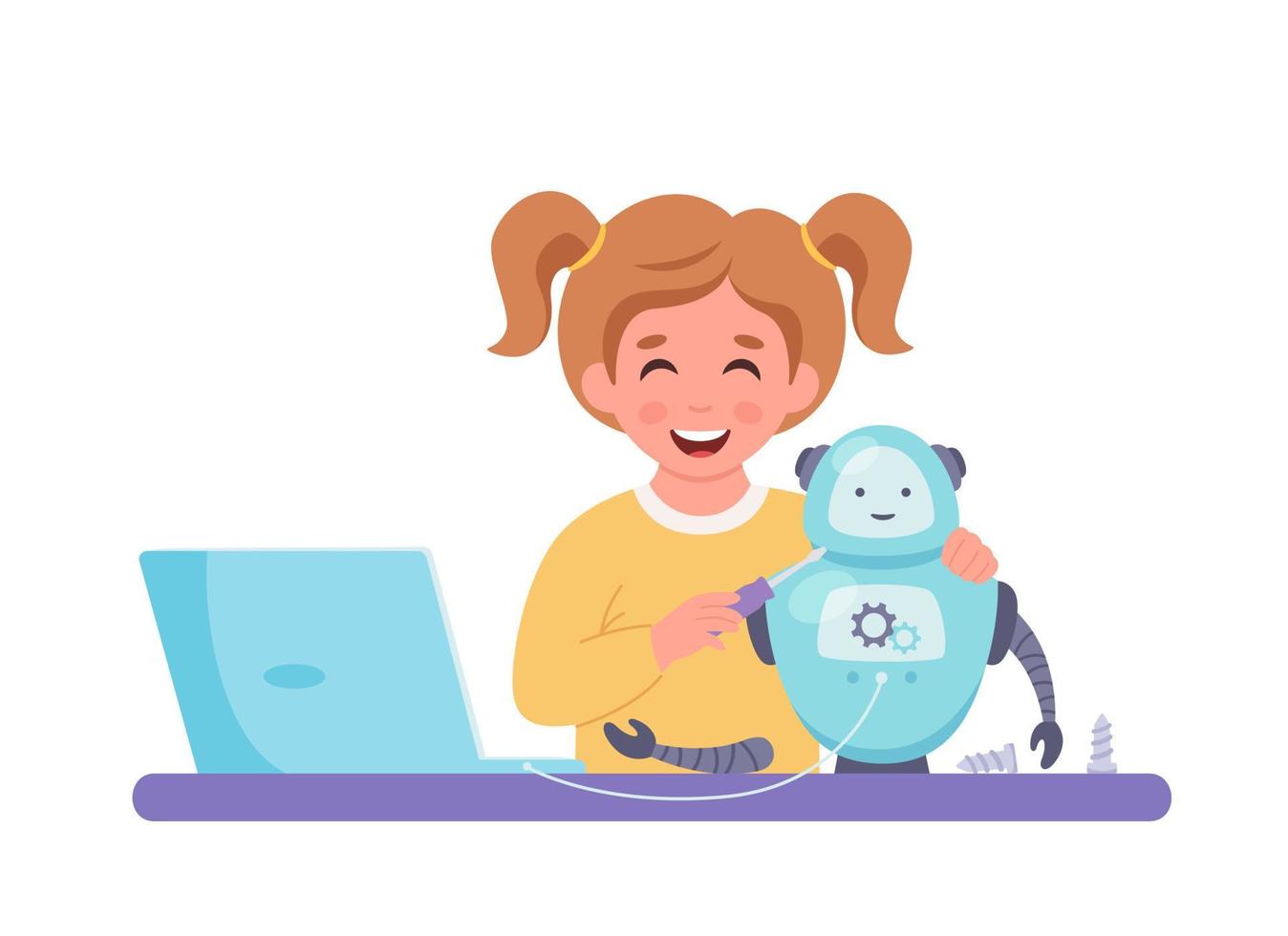 Little girl building a robot. Robotics, programming and engineering for kids. vector