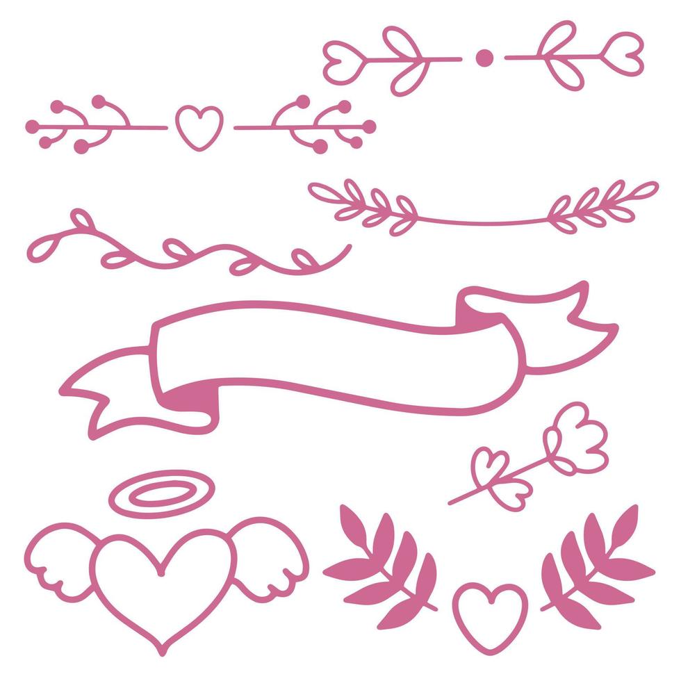 elementos de decoración romántica para decorar postales y sitios web, elementos para crear matrices y patrones de texto, día de San Valentín en estilo doodle dibujado a mano. vector