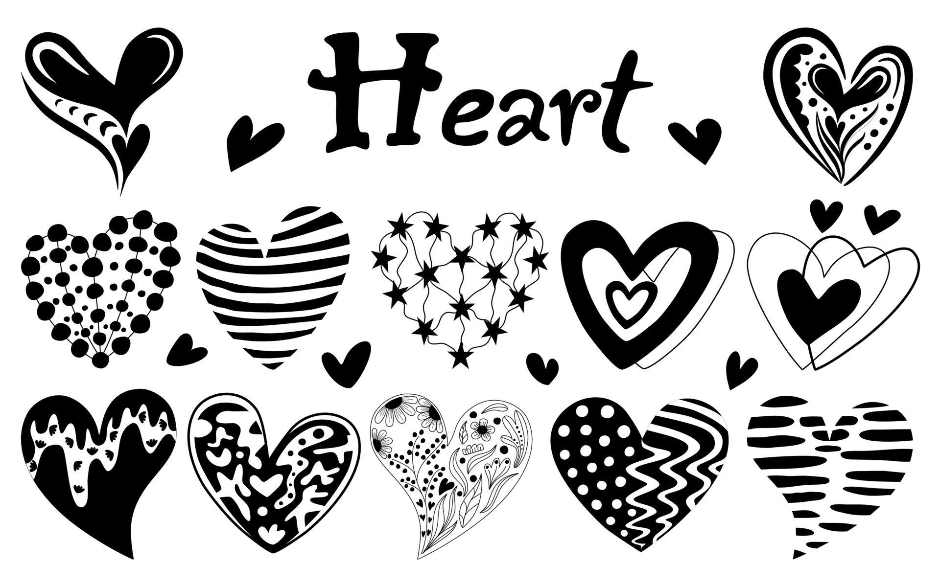 Black Heart Vector Illustration Set Design patterns with doodle styles  4715568 Vector Art at Vecteezy