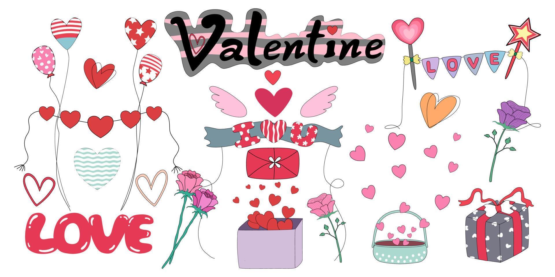 Set Heart shaped decorations in doodle style vector
