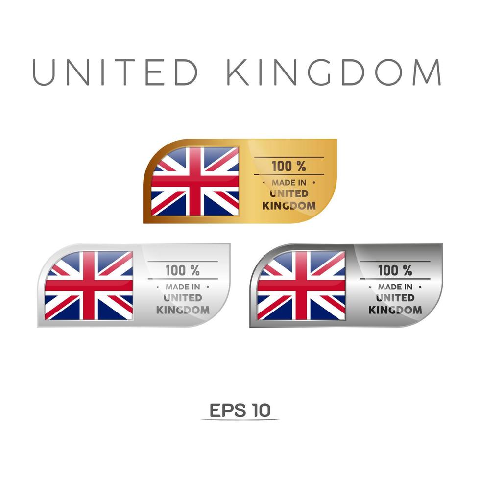 Made in United Kindom Label, Stamp, Badge, or Logo. With The National Flag of UK, Britain, British. On platinum, gold, and silver colors. Premium and Luxury Emblem vector