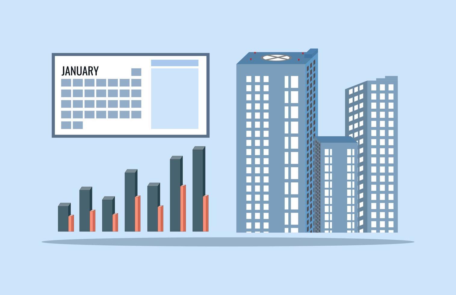 Vector calendar event January effect, business building and investment market progress chart diagram