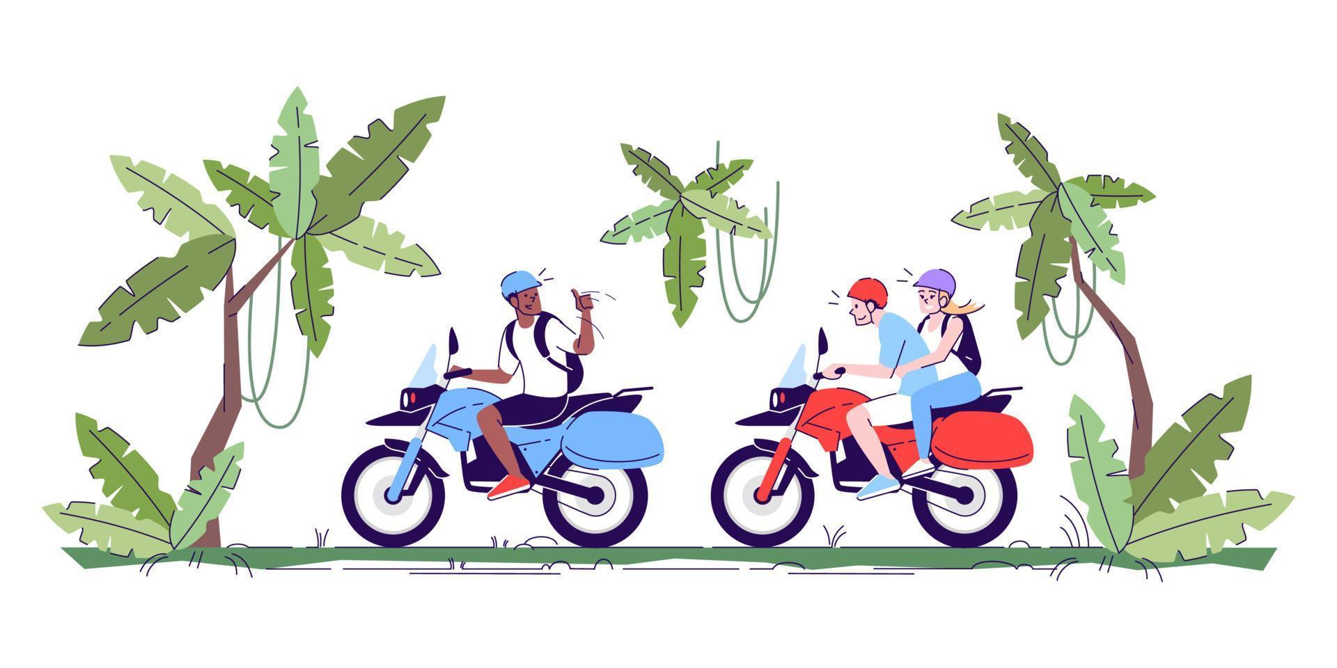 People on motorcycles flat doodle illustration. Tourists riding bikes in jungle. Couple on excursion with guide in forest. Indonesia tourism 2D cartoon character with outline for commercial use vector