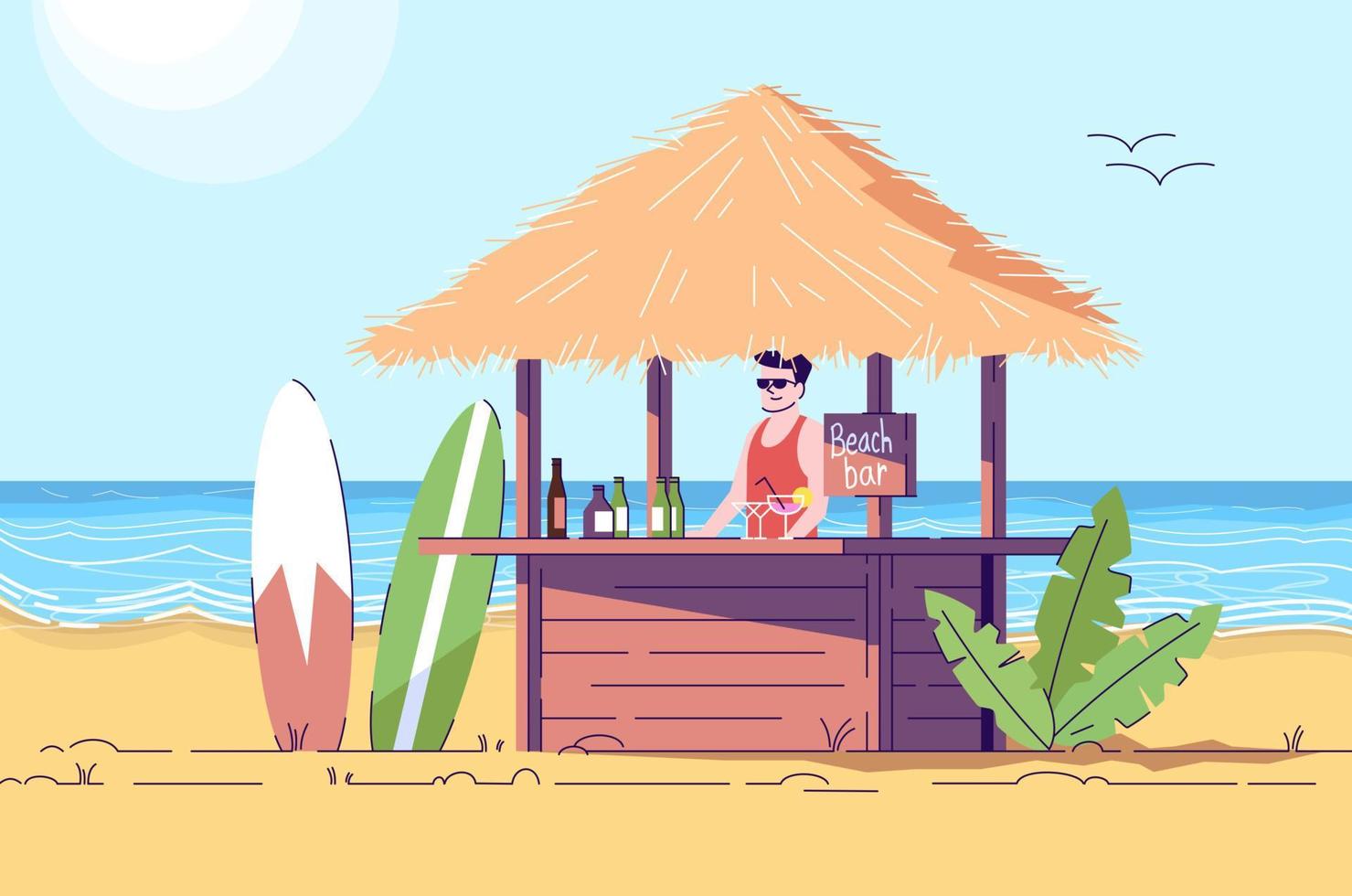 Ilustración de doodle plano de bar de playa. camarero en el mostrador. paisaje costero. camareros en café al aire libre en la orilla del mar. país tropical. Indonesia turismo personaje de dibujos animados 2d con contorno para uso comercial vector