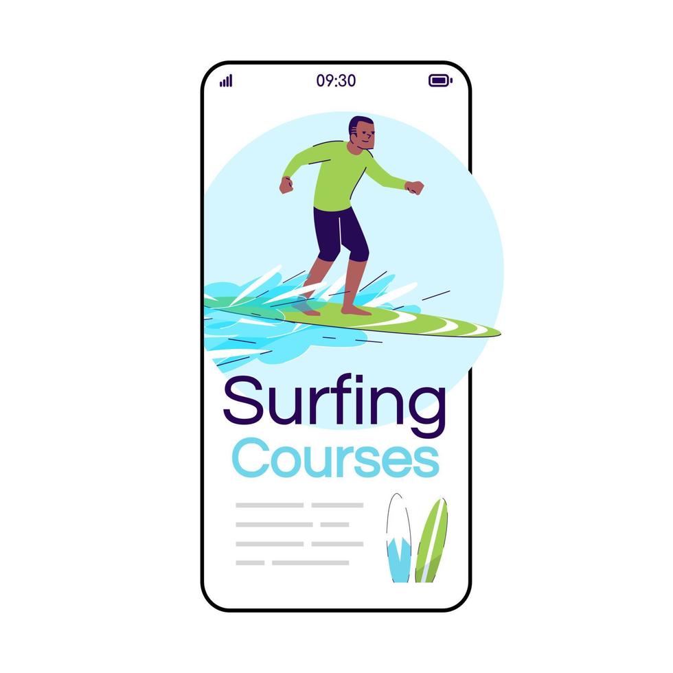 pantalla de aplicación de vector de teléfono inteligente de dibujos animados de cursos de surf. hombre en tabla de surf. actividad del agua. turismo indonesia. Pantalla de teléfono móvil con maqueta de diseño de personajes planos. aplicación teléfono linda interfaz