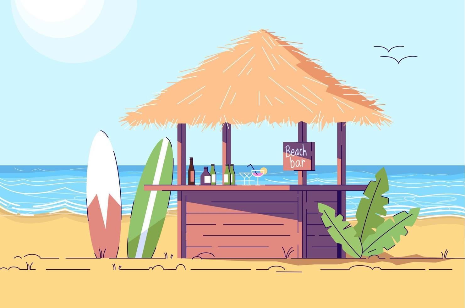 Ilustración de doodle plano de barra de playa vacía y tablas de surf. paisaje costero. café al aire libre en la orilla del mar. país exótico. indonesia turismo 2d personaje de dibujos animados con contorno para uso comercial vector