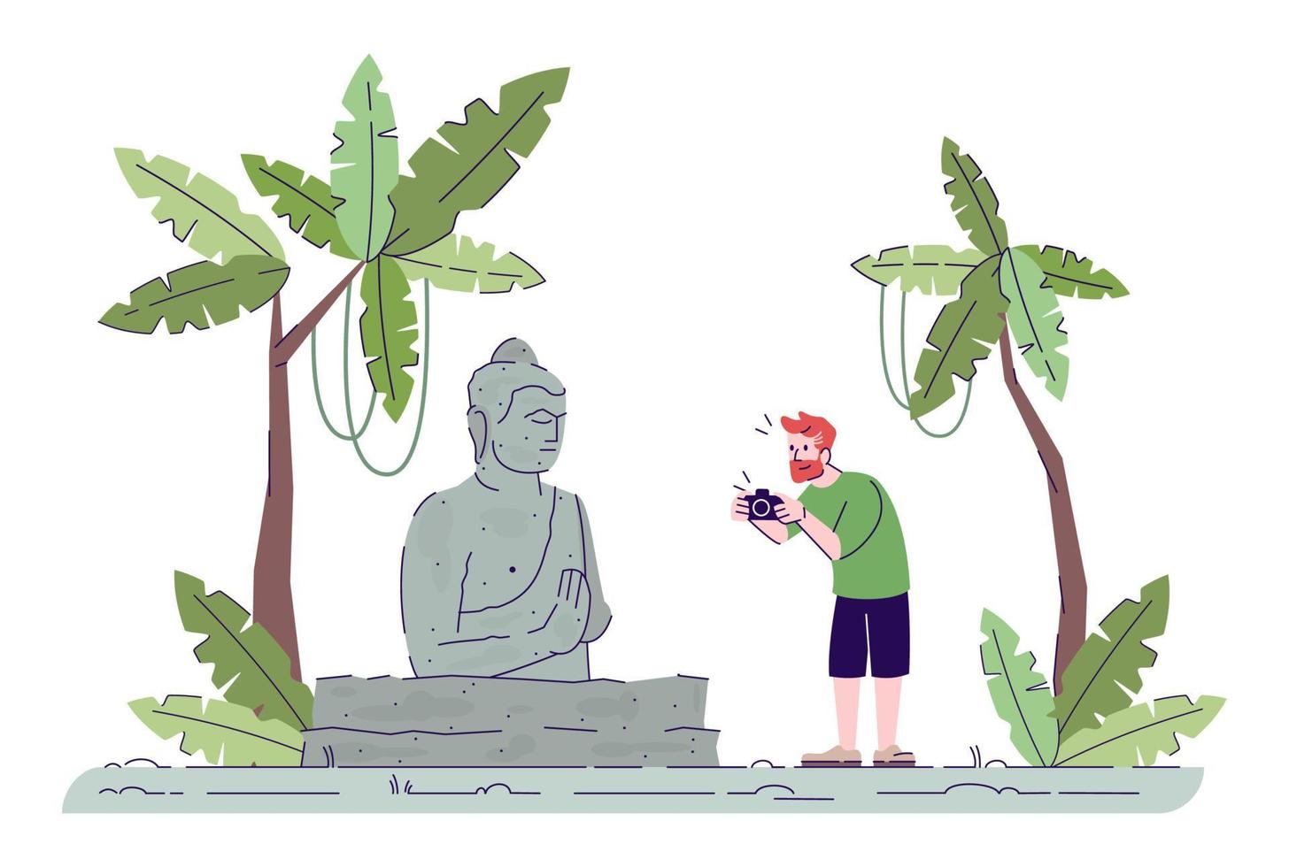 hombre fotografiando monumento plano doodle ilustración. chico tomando fotos de la estatua de Buda en el bosque tropical. templo budista. Indonesia turismo personaje de dibujos animados 2d con contorno para uso comercial vector