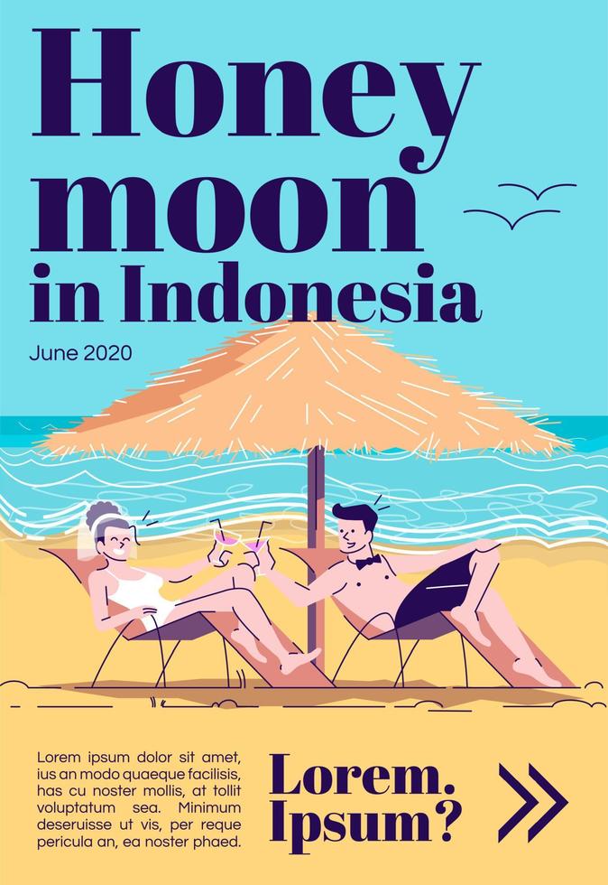 luna de miel en plantilla de portada de revista de indonesia. matrimonio en la playa. bali resort. diseño de maqueta de diario. diseño de página vectorial con carácter plano. ilustración de dibujos animados publicitarios con espacio de texto vector