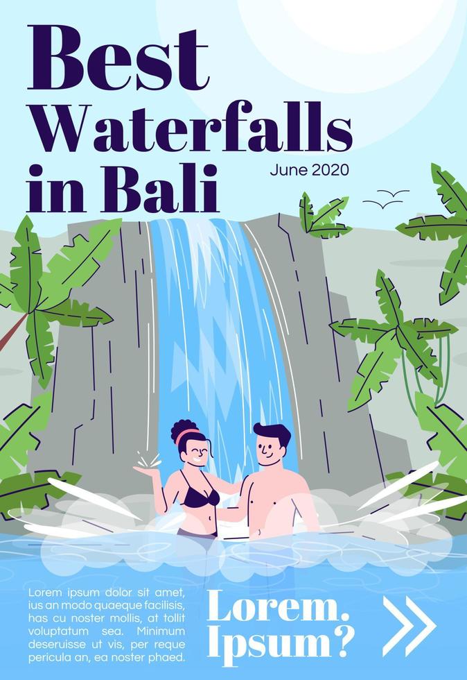 Best waterfalls in Bali magazine cover template. Tourists in pool. Indonesia tourism. Journal mockup design. Vector page layout with flat character. Advertising cartoon illustration with text space