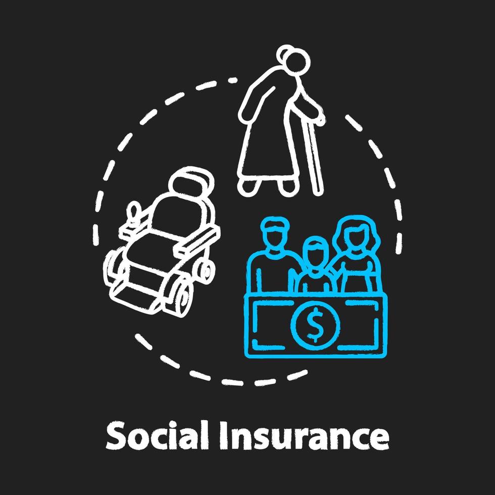 Social insurance chalk RGB color concept icon. Life assurance. Policy for healthcare. Secure retirement. Pension plan idea. Vector isolated chalkboard illustration on black background