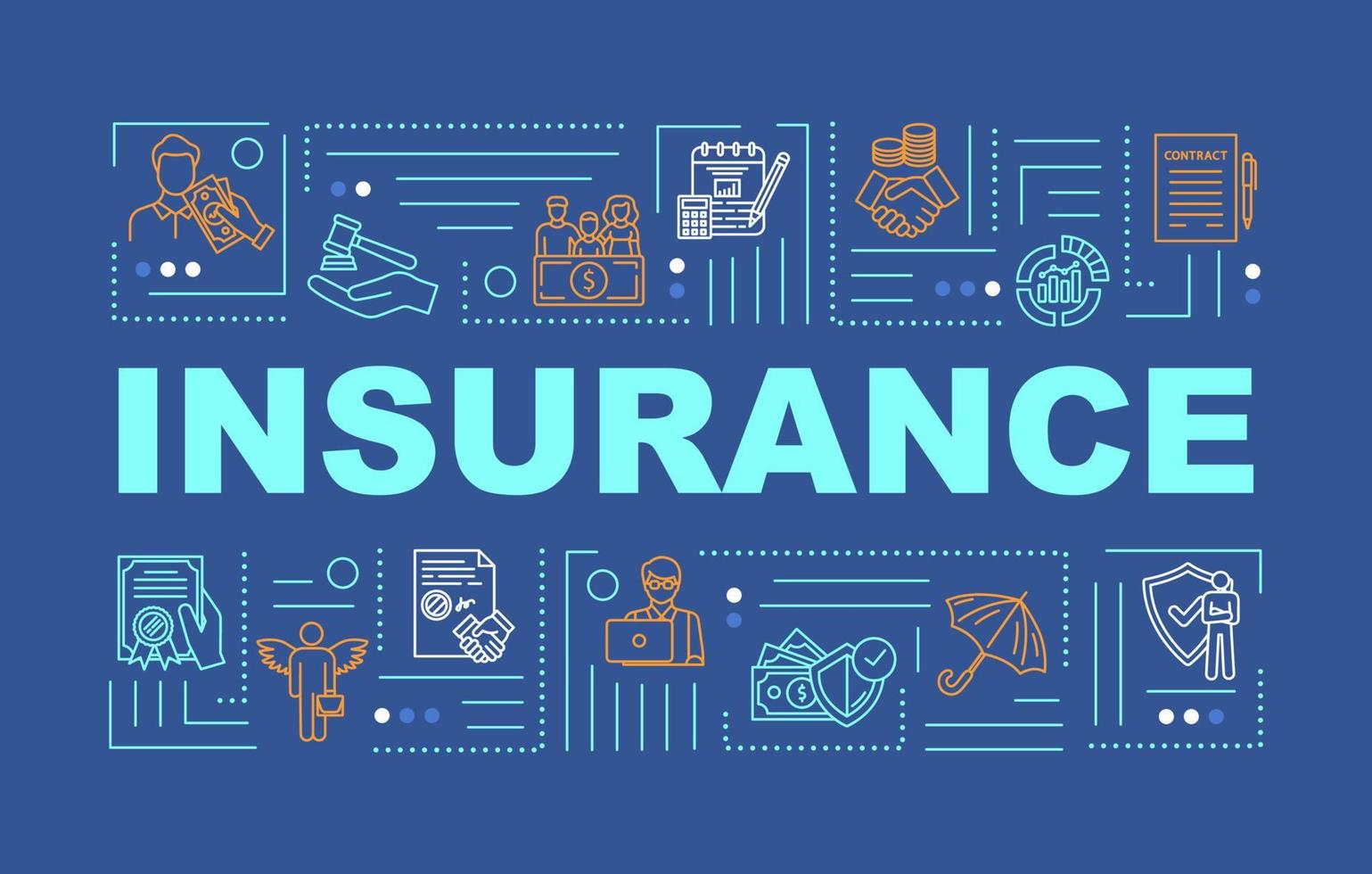 Insurance word concepts banner. Life coverage. Risk management. General plan. Infographics with linear icons on blue background. Isolated typography. Vector outline RGB color illustration