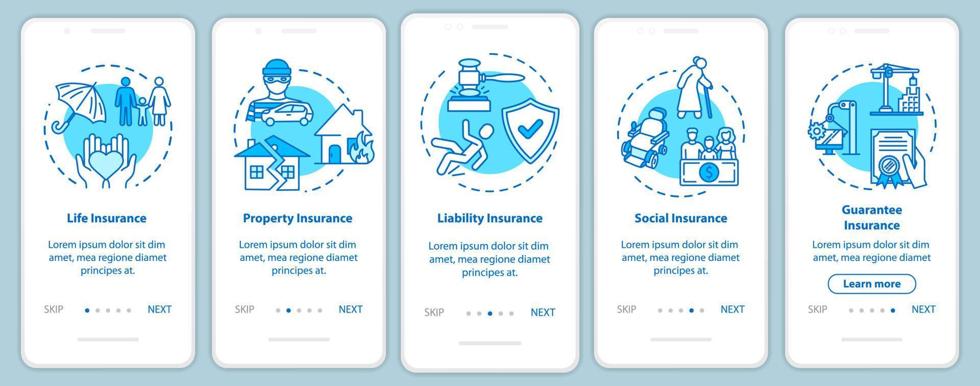 pantalla de página de aplicación móvil de incorporación de seguro de responsabilidad con conceptos. seguridad social. plan de política tutorial instrucciones gráficas de 5 pasos. plantilla de vector de interfaz de usuario con ilustraciones en color rgb