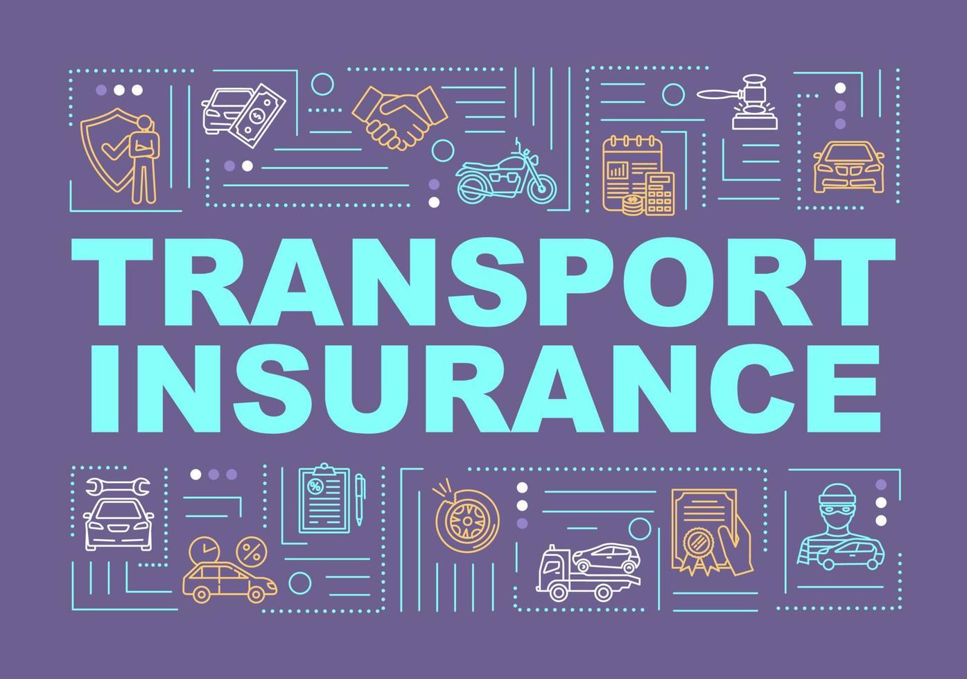 banner de conceptos de palabra de seguro de transporte. protección de la bicicleta contra colisiones. infografías con iconos lineales sobre fondo morado. tipografía aislada. ilustración de color rgb de contorno vectorial vector