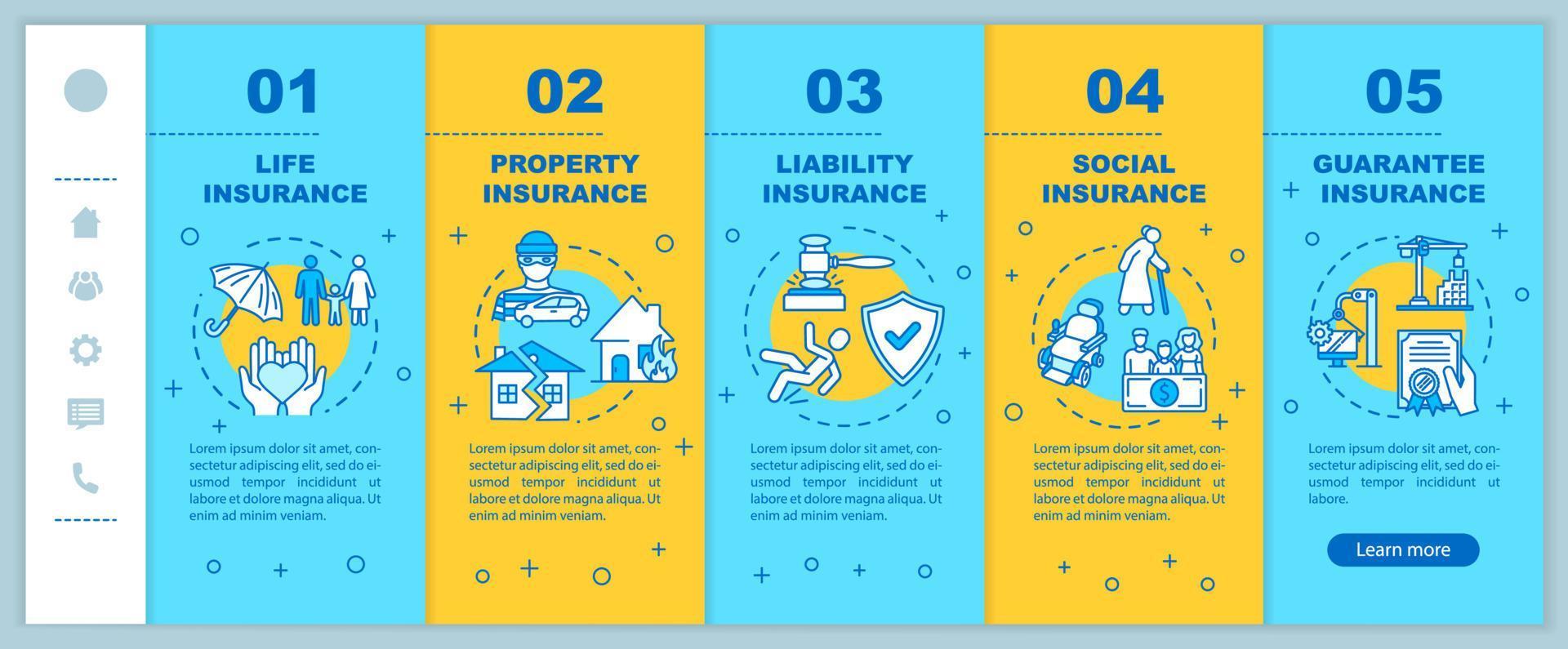 Social coverage onboarding vector template. Property protection from theft. Legal business. Responsive mobile website with icons. Webpage walkthrough step screens. RGB color concept