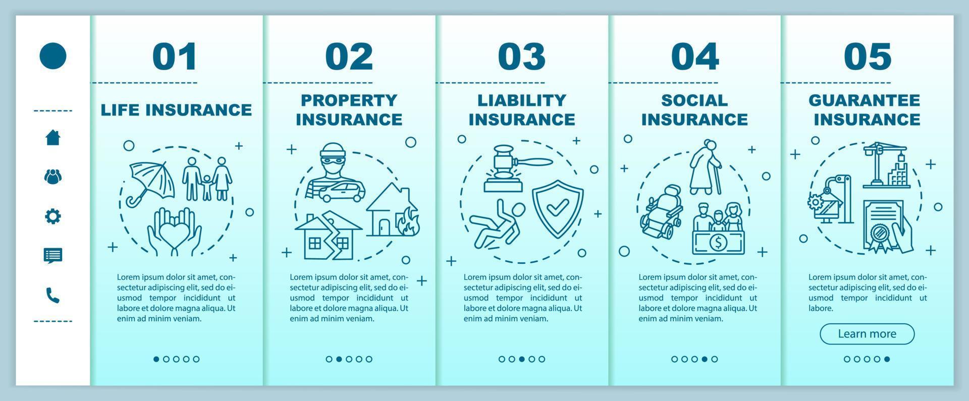 Insurance plan onboarding vector template. Professional contract. Family with child. Constraction, building. Responsive mobile website with icons. Webpage walkthrough step screens. RGB color concept