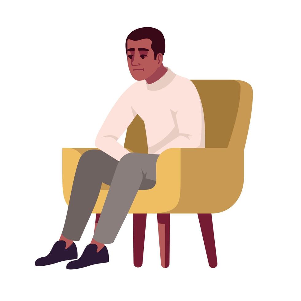 Hombre en sillón semi plano rgb color ilustración vectorial. chico sintiéndose incómodo. persona pensativa en silla. entrevistado. consulta de psicologia. personaje de dibujos animados aislado sobre fondo blanco vector