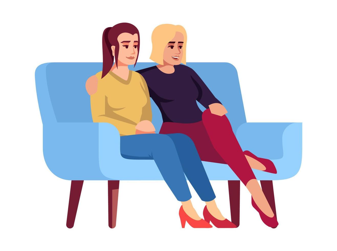 dos mujeres en el sofá semi plano rgb color ilustración vectorial. amigas en el sofá. chicas pasando tiempo juntas. pareja del mismo sexo. consulta de psicologia. personaje de dibujos animados aislado en blanco vector