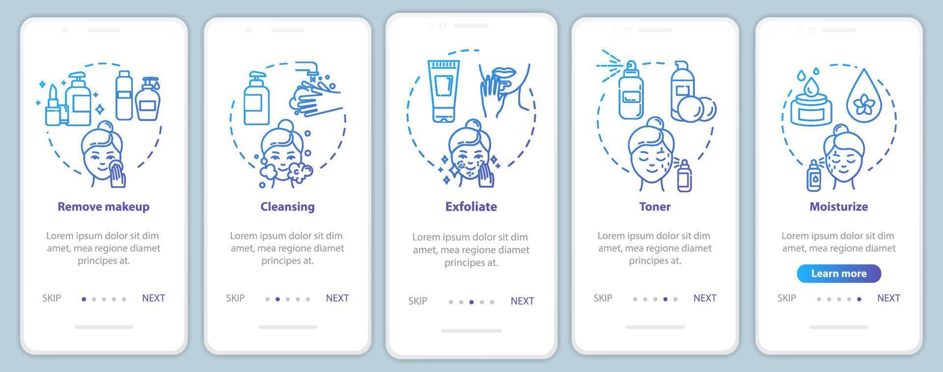 Skicare onboarding mobile app page screen with concepts. Regular masks, facebuilding. Cosmetology walkthrough 5 steps graphic instructions. UI vector template with RGB color illustrations