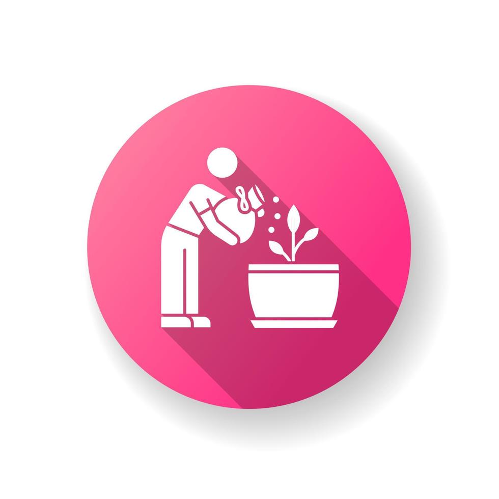 Fertilizing seedling pink flat design long shadow glyph icon. Feeding sapling. Houseplant care. Planting process. Indoor gardening. Growth supplements, amendments. Silhouette RGB color illustration vector