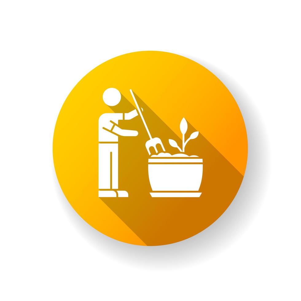Soil fluffing orange flat design long shadow glyph icon. Plowing, ploughing earth. Houseplant care. Aeration. Plant growing, planting process. Indoor gardening. Silhouette RGB color illustration vector